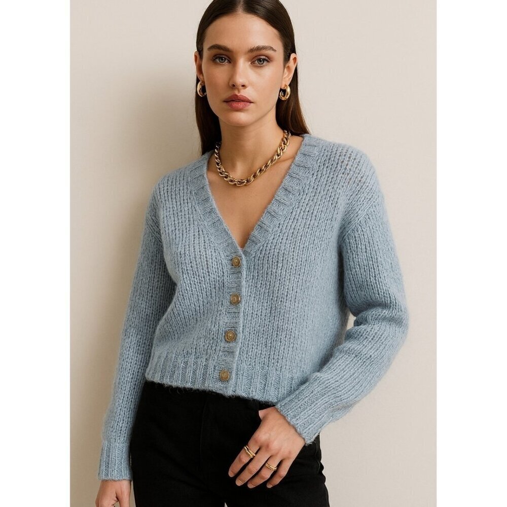 Merge Blue Ribbed Knit Button Front Cardigan Women’s V-Neck Long Sleeve Sweater